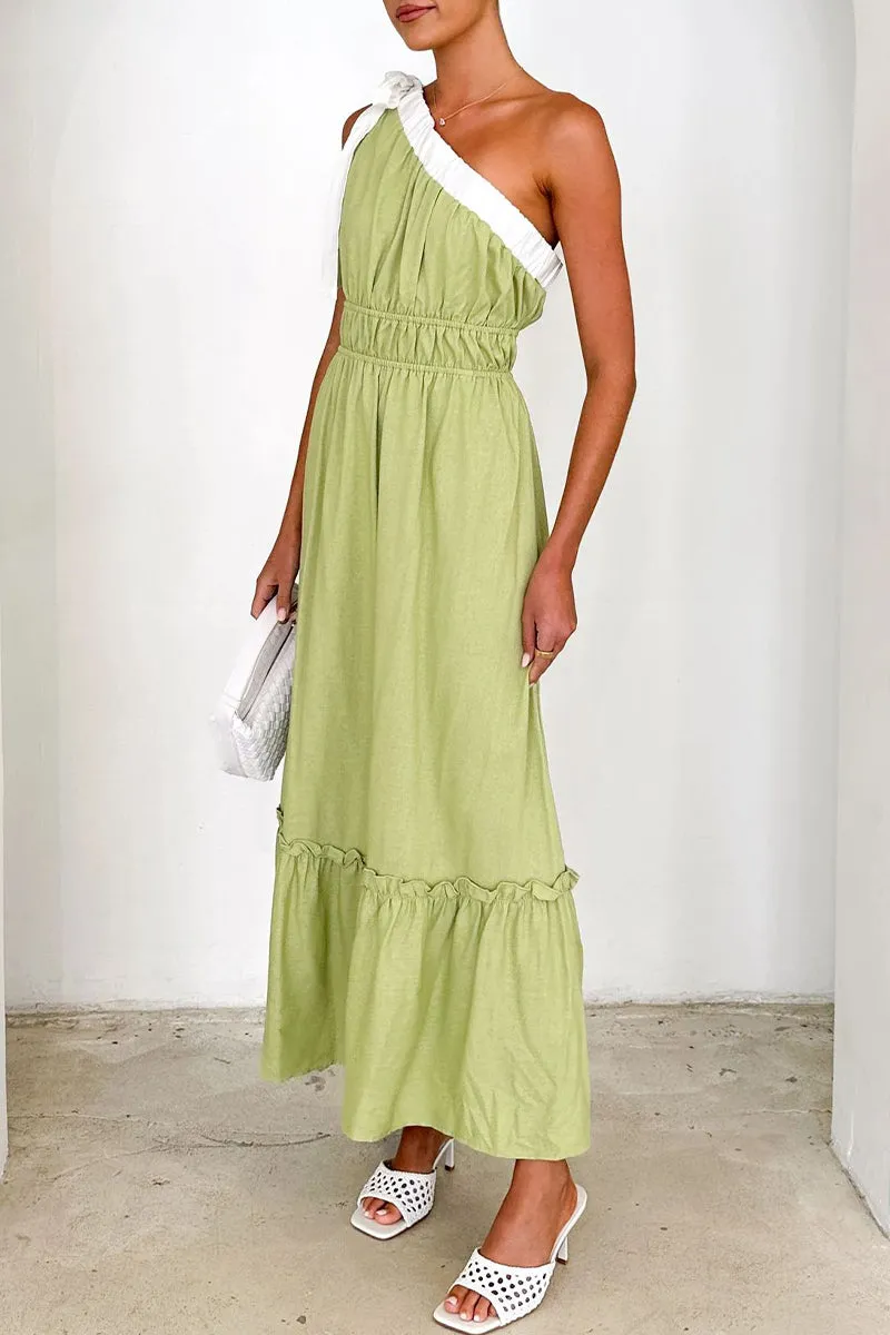Sexy Lace Up Patchwork Ruffle Contrast Sloping Shoulder Irregular Dresses