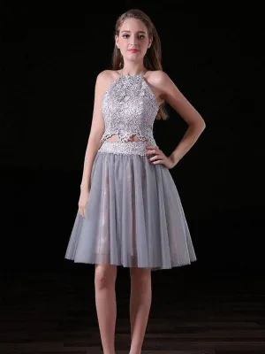 Sexy Two Pieces Backless Grey Short Cheap Homecoming Dresses Online, CM570