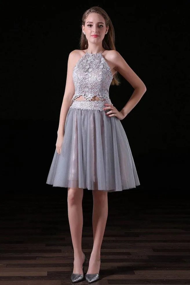 Sexy Two Pieces Backless Grey Short Cheap Homecoming Dresses Online, CM570