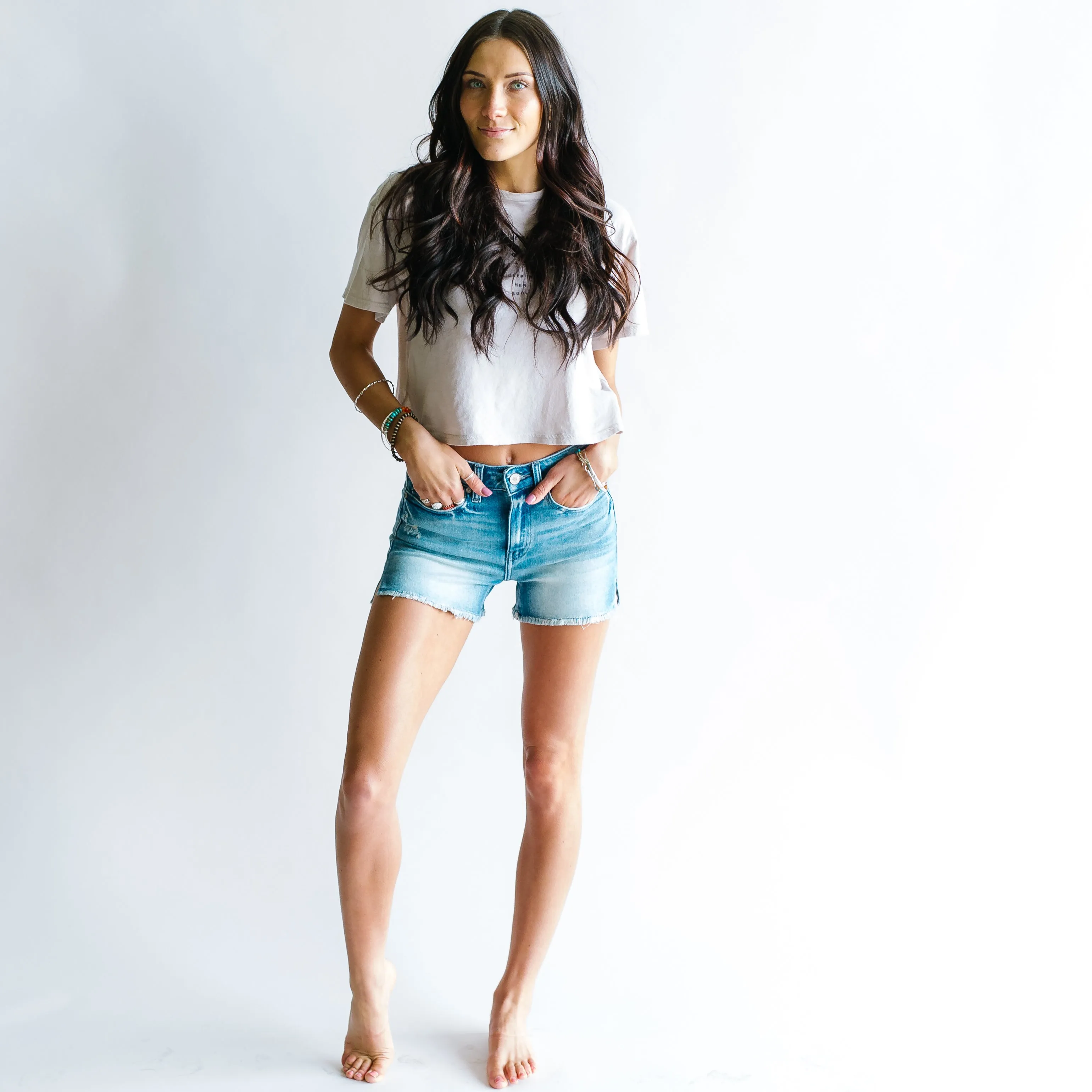 Shannon Mid Rise Side Split Denim Short // Medium Wash