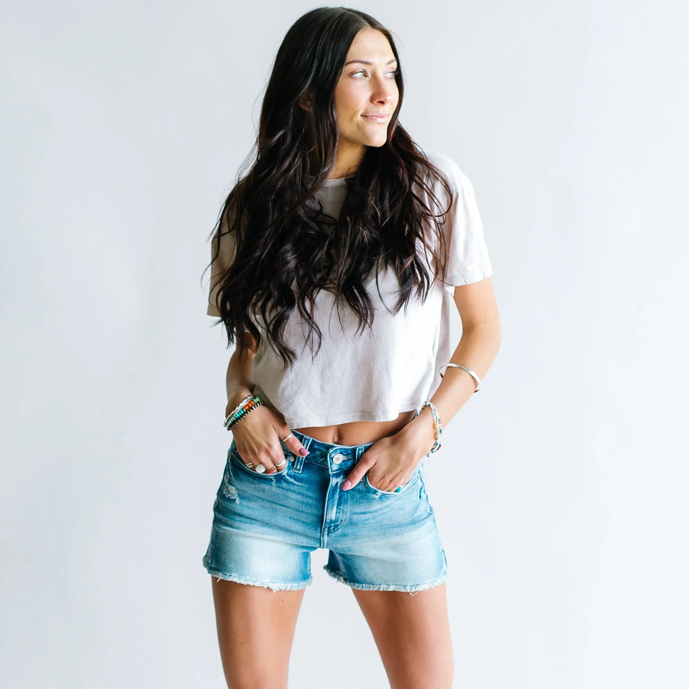 Shannon Mid Rise Side Split Denim Short // Medium Wash
