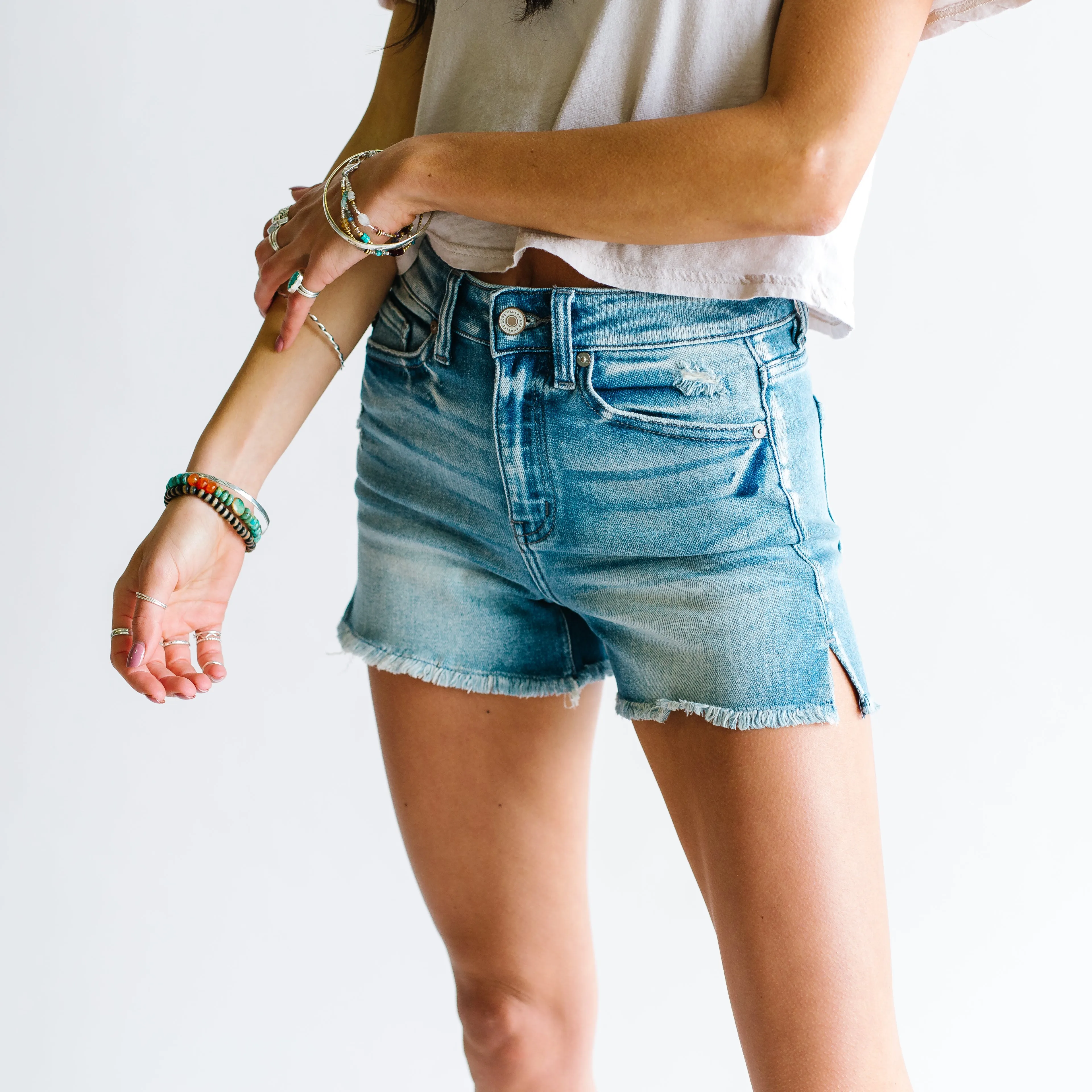 Shannon Mid Rise Side Split Denim Short // Medium Wash