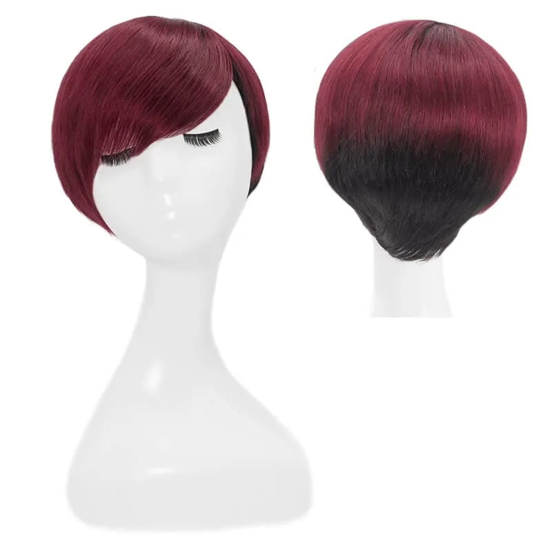 Short Pixie Cut Human Hair Wigs With Layered Side Bangs Glueless Natural Black Ombre Wine Red