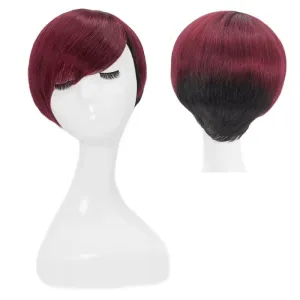 Short Pixie Cut Human Hair Wigs With Layered Side Bangs Glueless Natural Black Ombre Wine Red