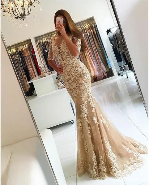 Short Sleeve Sexy Lace Mermaid Evening Prom Dresses, Long Sexy Party Prom Dress, Custom Long Prom Dresses, Cheap Formal Prom Dresses, 17136