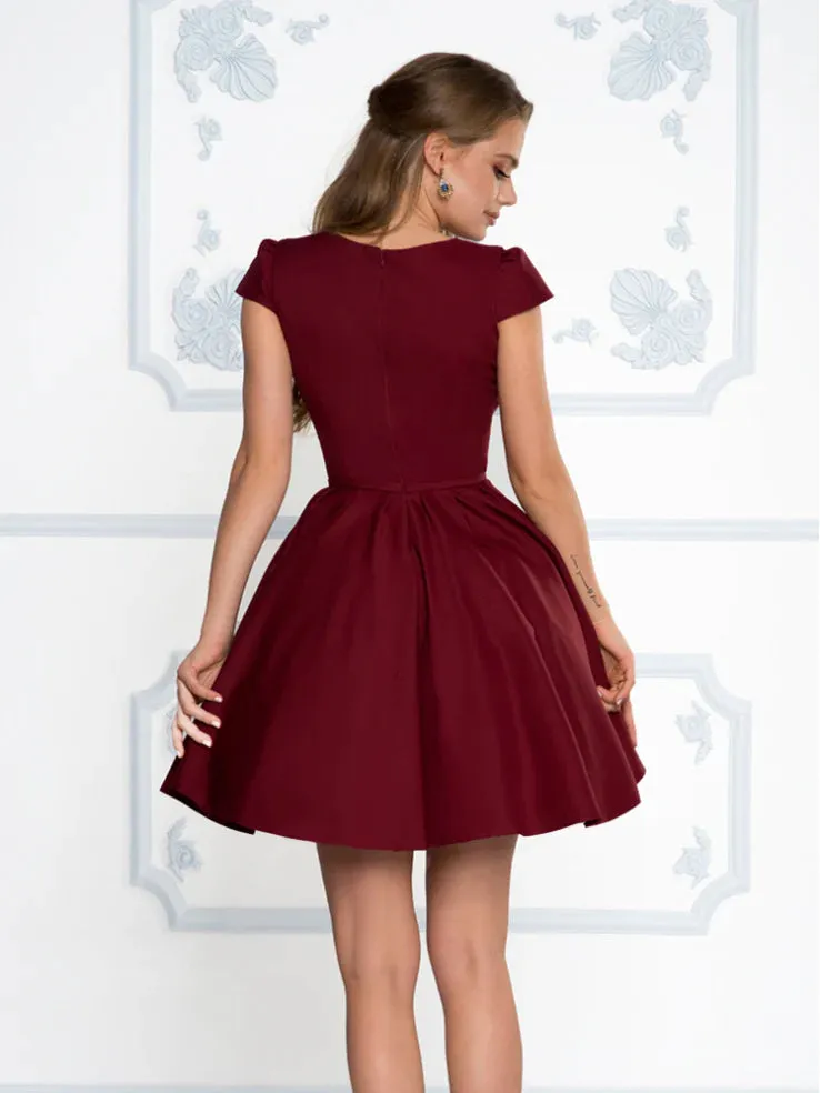 Short Sleeves Short Burgundy Prom Dresses, Short Sleeves Short Graduation Homecoming Formal Dresses