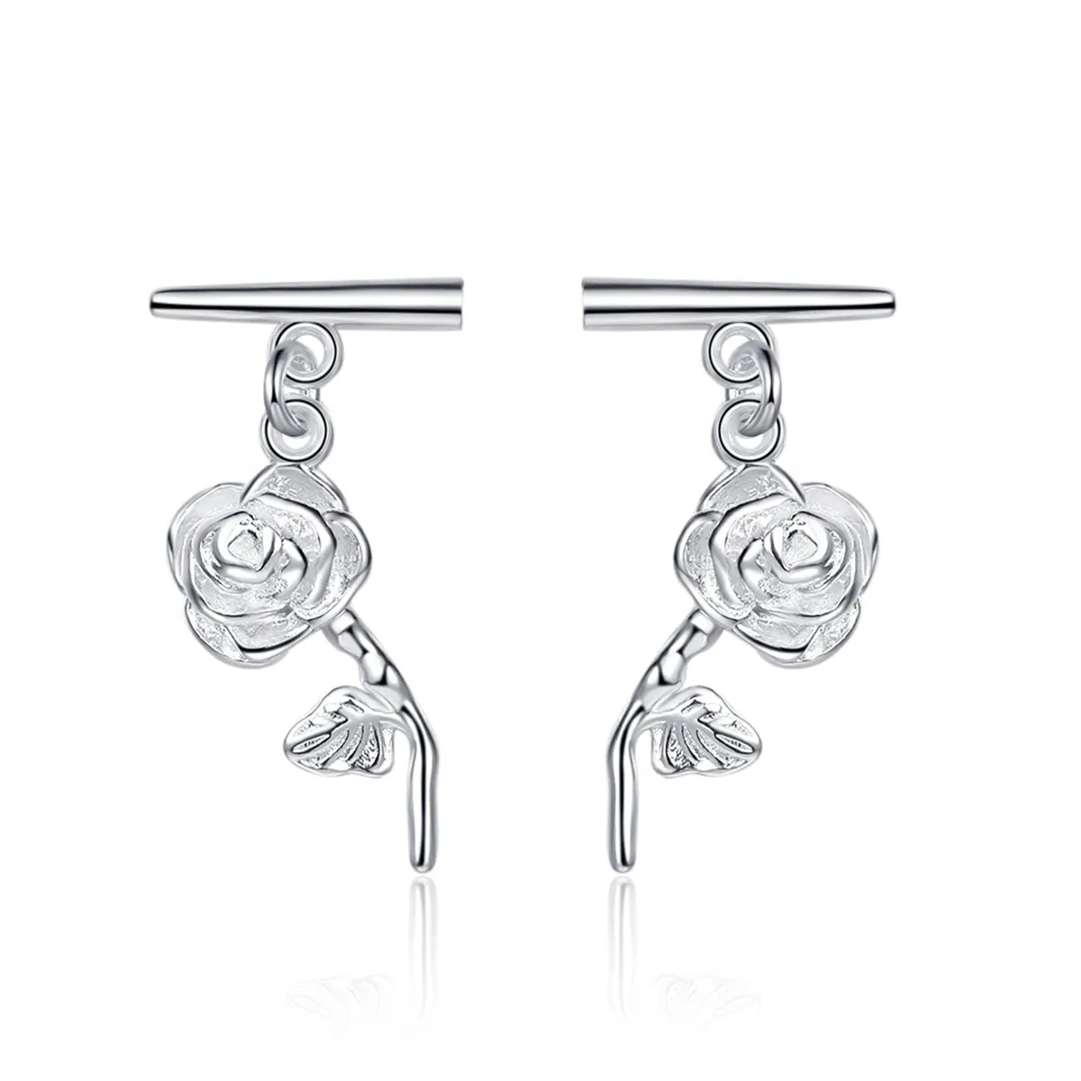 Silver-Plated Rose Bar Drop Earrings