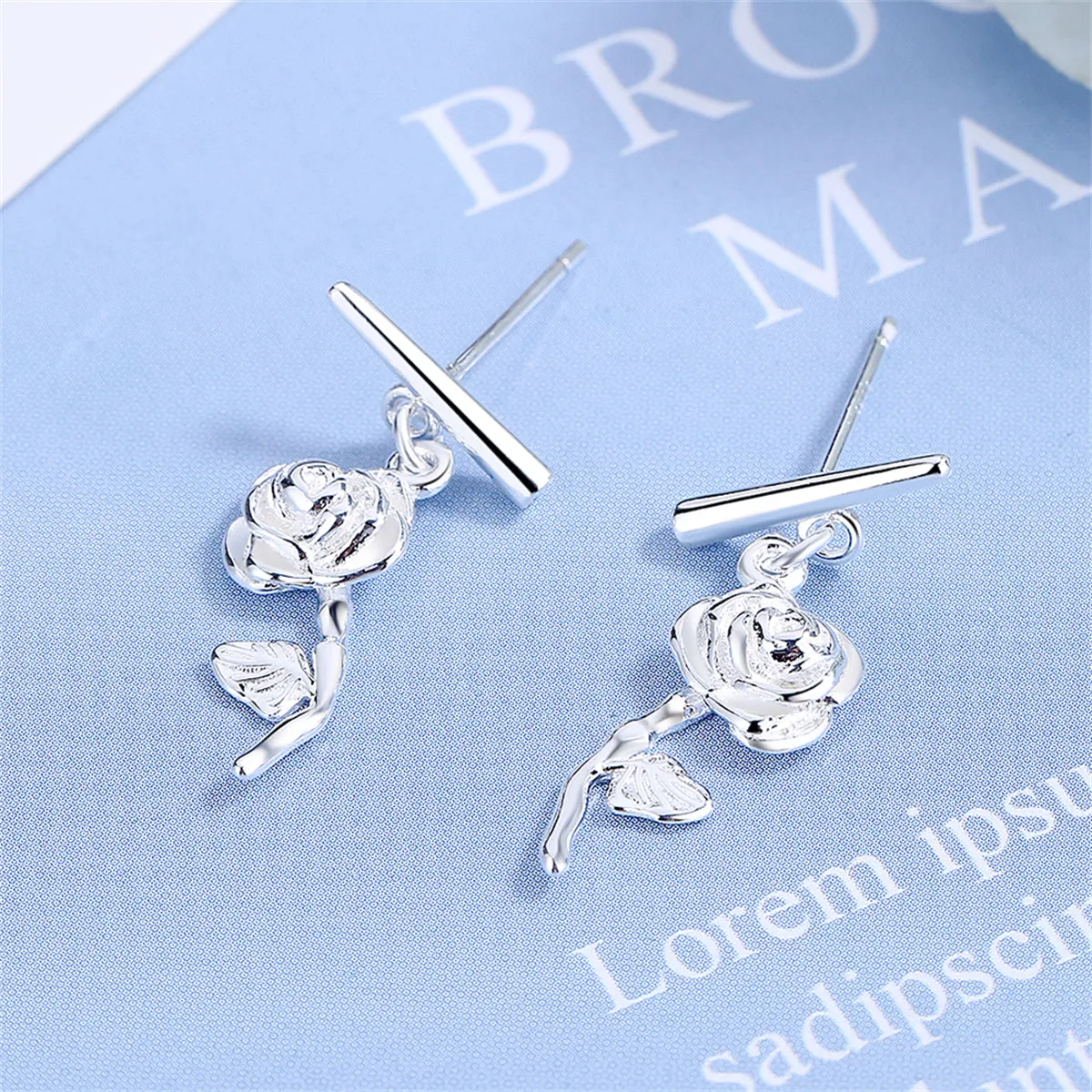 Silver-Plated Rose Bar Drop Earrings