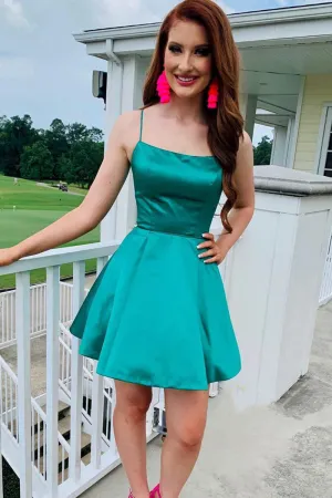 Simple A Line Spaghetti Straps Green Satin Short Prom Homecoming Dress, Short Green Formal Graduation Evening Dress A1658
