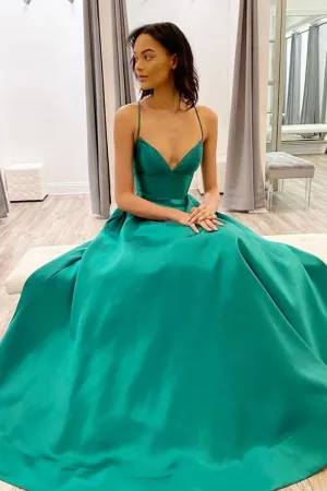 Simple A Line V Neck Green Satin Long Prom Dress, Green Formal Graduation Evening Dress, Party Dress