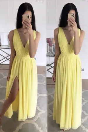 Simple A Line V Neck Yellow Chiffon Long Prom Dress with Slit, V Neck Yellow Formal Dress, Yellow Evening Dress