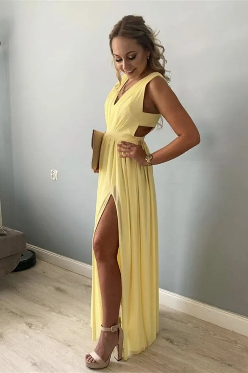 Simple A Line V Neck Yellow Chiffon Long Prom Dress with Slit, V Neck Yellow Formal Dress, Yellow Evening Dress