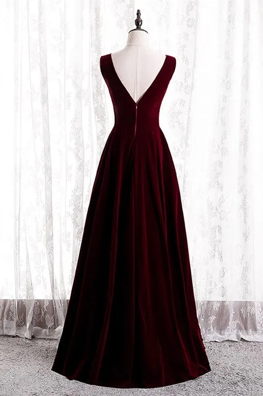 Simple Burgundy Velvet Long Party Dress