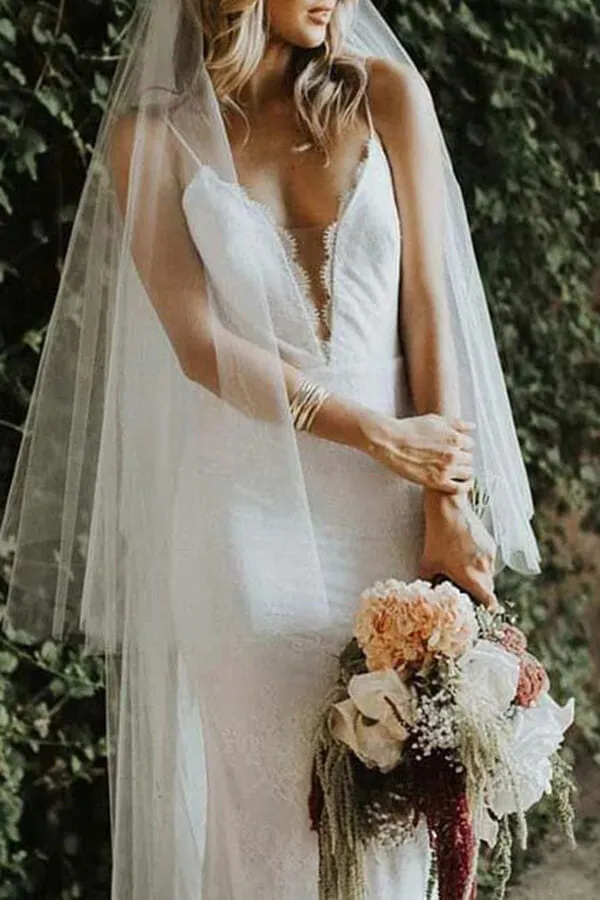 Simple Mermaid Lace Spaghetti Straps Long Wedding Dress, Bridal Gowns, SW500