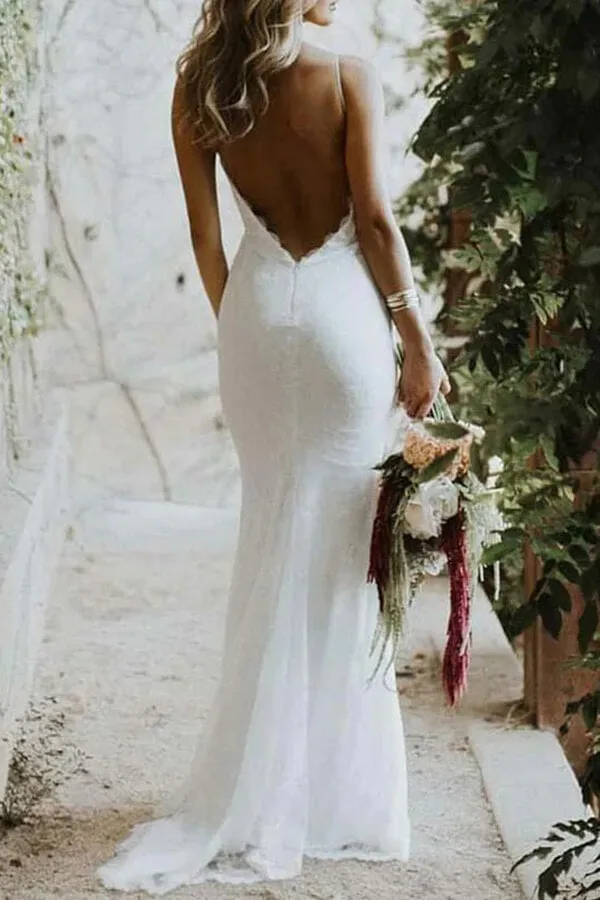 Simple Mermaid Lace Spaghetti Straps Long Wedding Dress, Bridal Gowns, SW500
