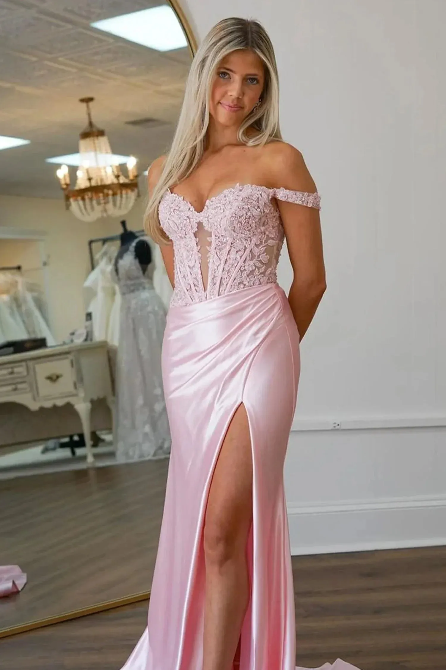 Simple Off Shoulder Pink lace Long Prom Dress with High Slit, Pink Lace Formal Dress, Long Pink Evening Dress A2258