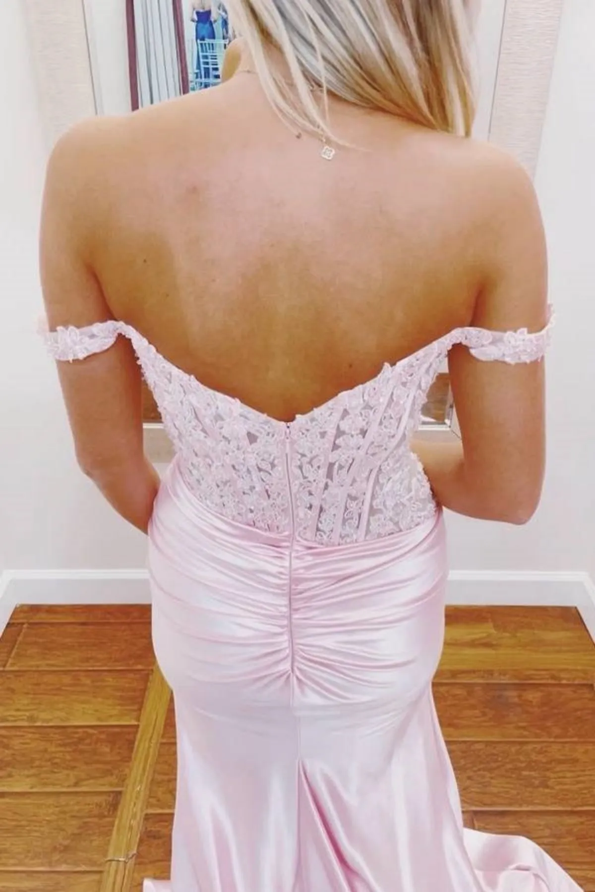 Simple Off Shoulder Pink lace Long Prom Dress with High Slit, Pink Lace Formal Dress, Long Pink Evening Dress A2258
