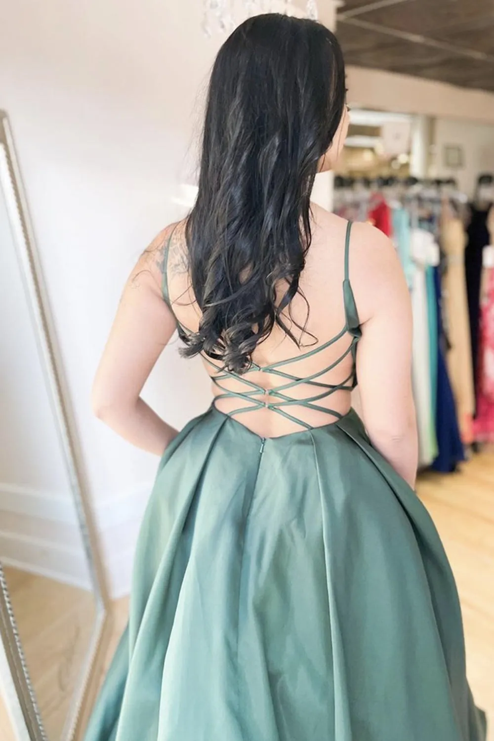 Simple V Neck Open Back Green Satin Long Prom Dress, Backless Green Formal Dress, Green Evening Dress