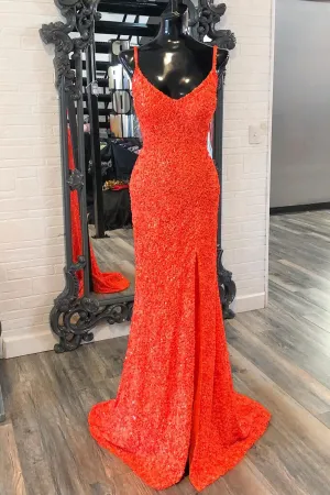 Simply Elegant Orange Sequin Mermaid Straps Long Formal Dress