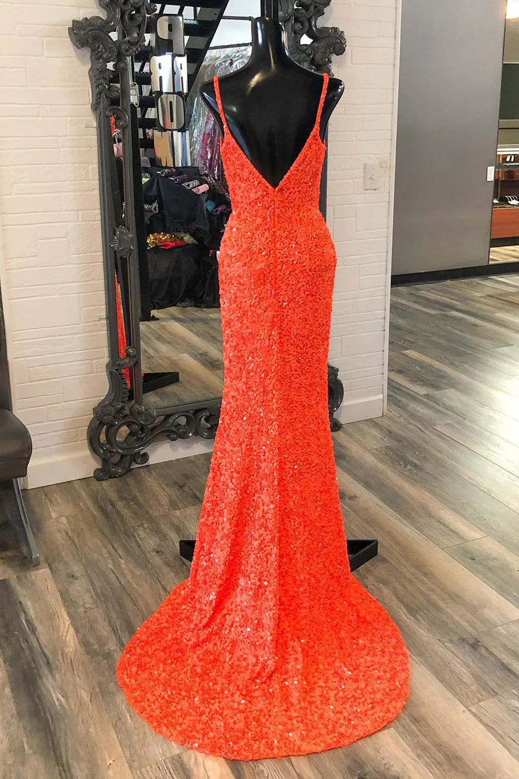 Simply Elegant Orange Sequin Mermaid Straps Long Formal Dress