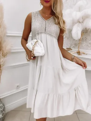 Sleeveless Lace Stitching Dress with Tiered Skirt