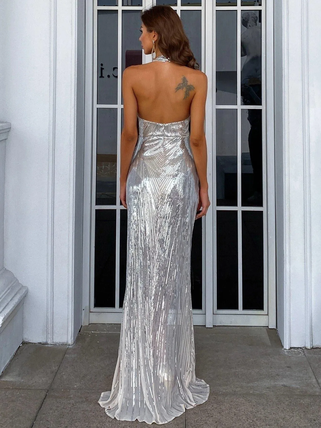 Sleeveless Split Silver Sequins Prom Dress M01754