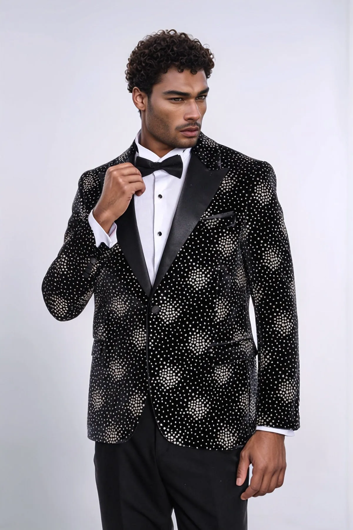 Slim Fit Dot Patterned Black Men Prom Blazer - Wessi