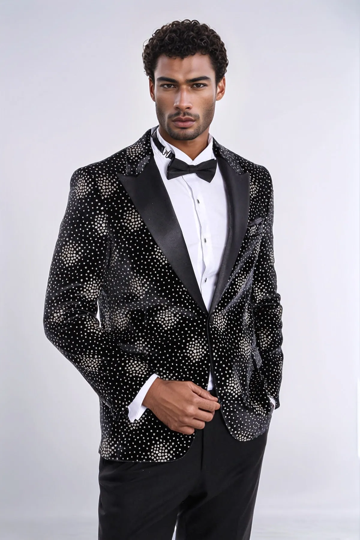 Slim Fit Dot Patterned Black Men Prom Blazer - Wessi