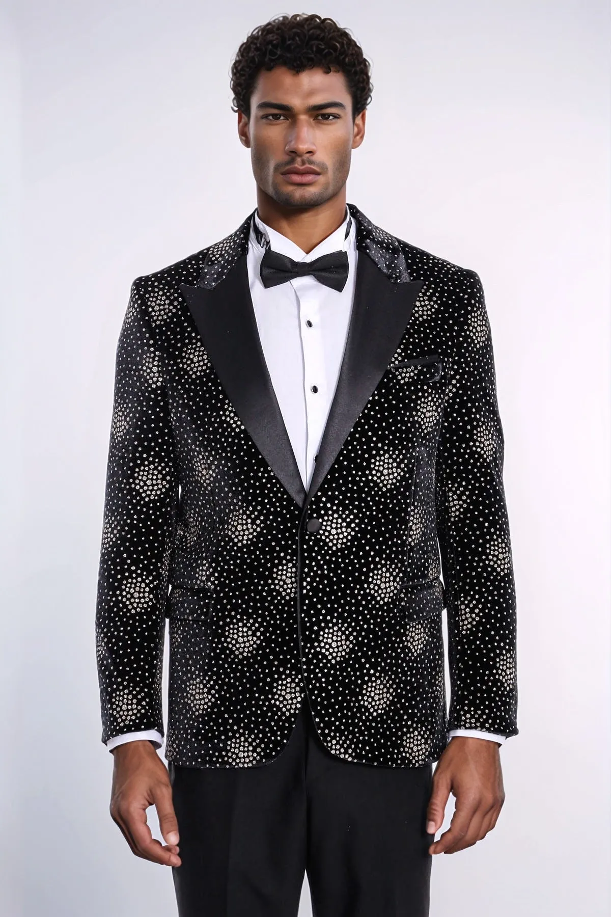 Slim Fit Dot Patterned Black Men Prom Blazer - Wessi