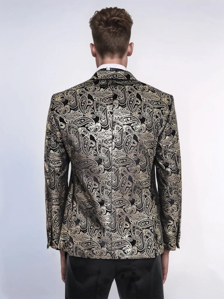 Slim Fit Gold Paisley Patterned Black Men Tuxedo Blazer