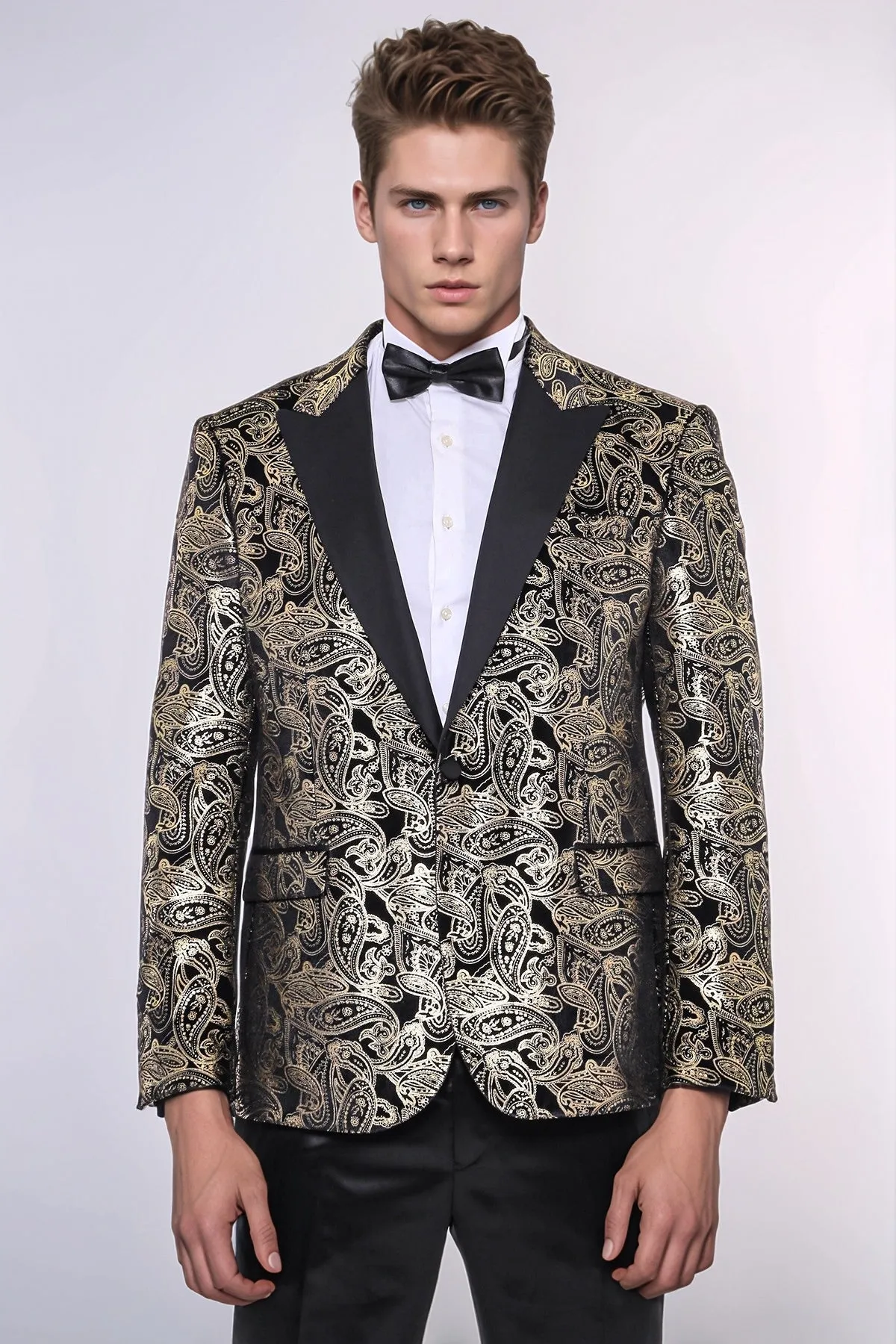 Slim Fit Gold Paisley Patterned Black Men Tuxedo Blazer