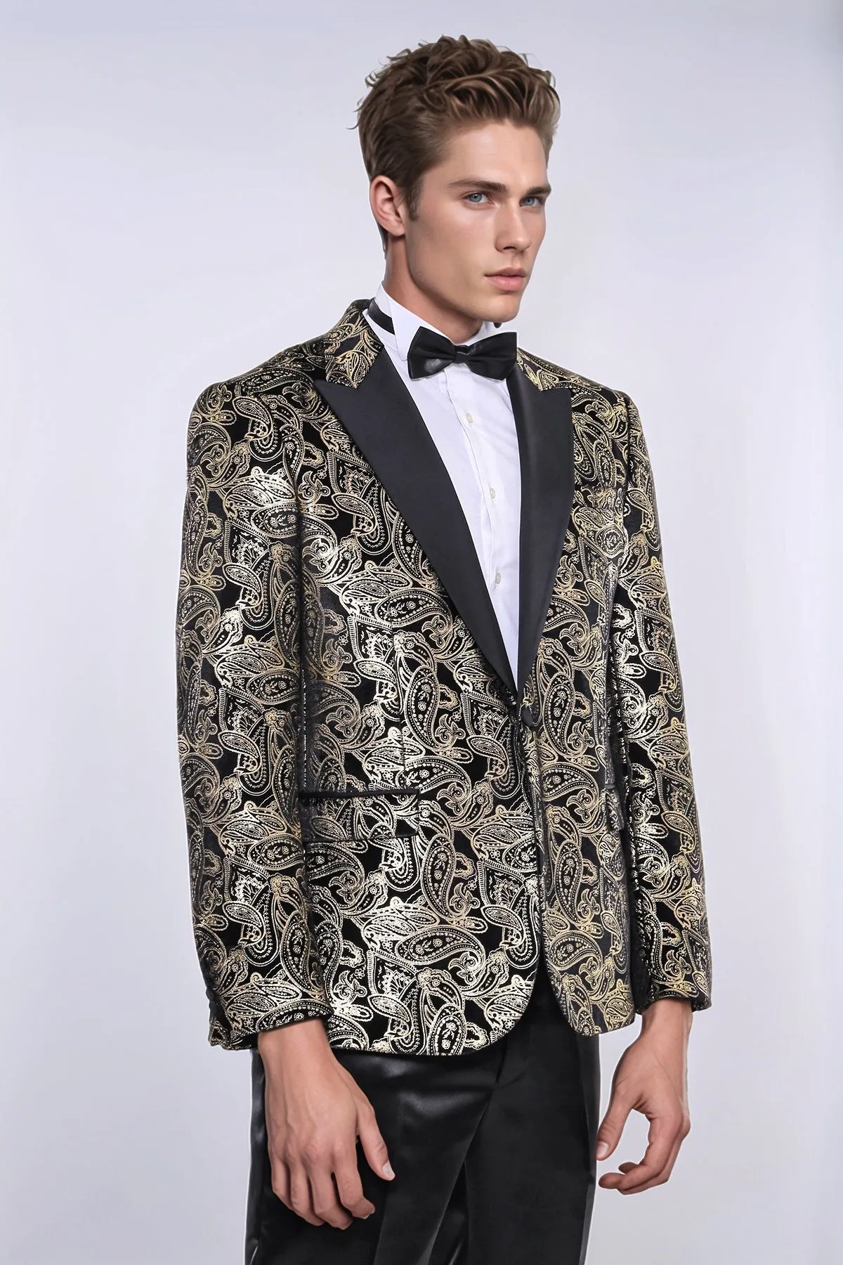 Slim Fit Gold Paisley Patterned Black Men Tuxedo Blazer