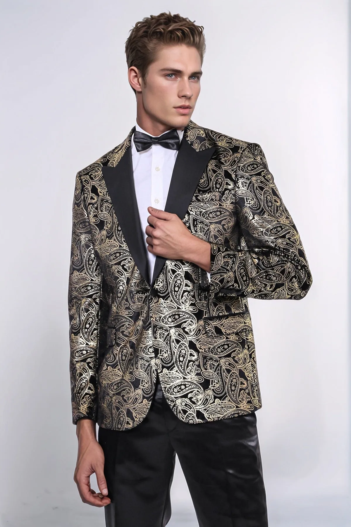 Slim Fit Gold Paisley Patterned Black Men Tuxedo Blazer
