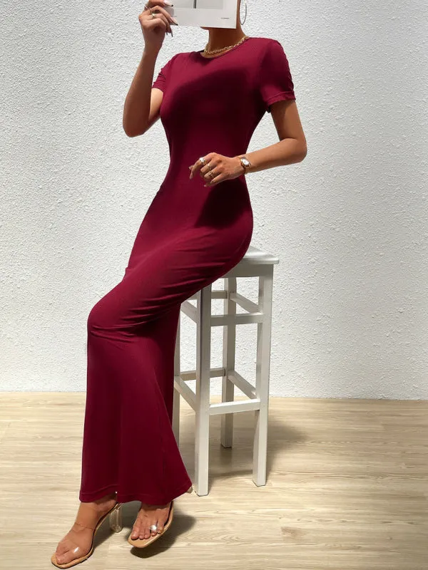 Slim Fit Maxi Dress with Round Neck and Short Sleeves