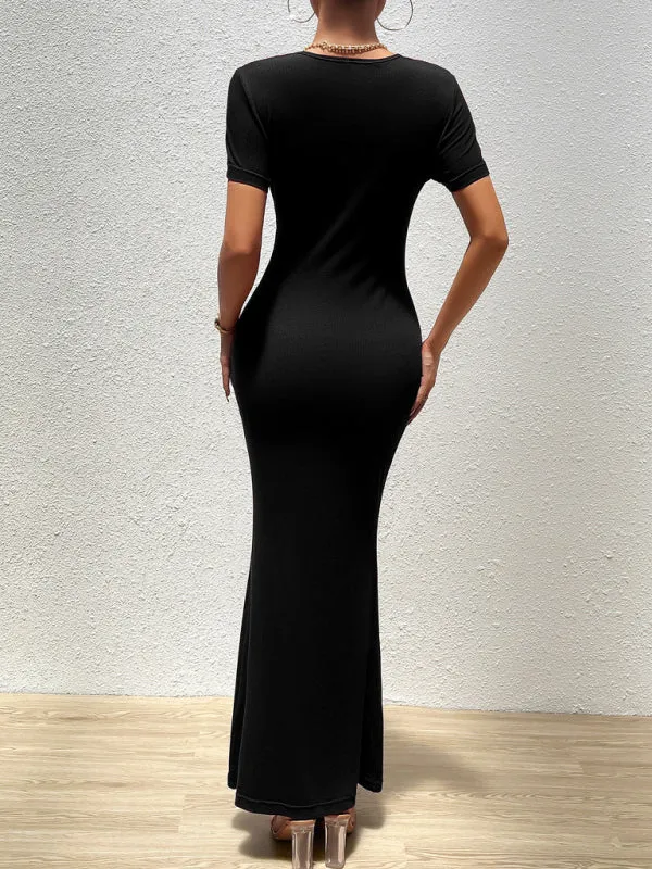 Slim Fit Maxi Dress with Round Neck and Short Sleeves
