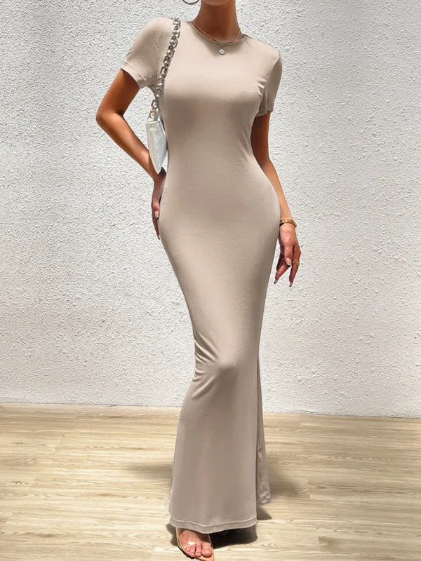 Slim Fit Maxi Dress with Round Neck and Short Sleeves