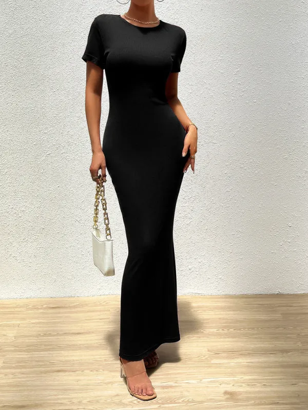 Slim Fit Maxi Dress with Round Neck and Short Sleeves