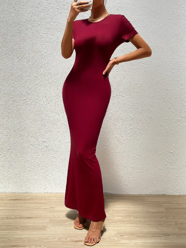 Slim Fit Maxi Dress with Round Neck and Short Sleeves