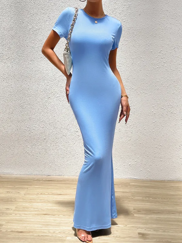 Slim Fit Maxi Dress with Round Neck and Short Sleeves