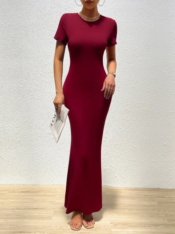Slim Fit Maxi Dress with Round Neck and Short Sleeves