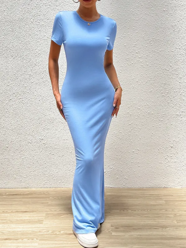 Slim Fit Maxi Dress with Round Neck and Short Sleeves