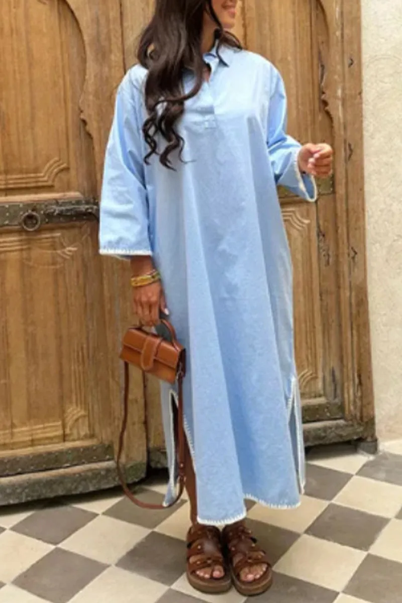 Solid Color Embroidered Patchwork Slit Turndown Collar Long Sleeve Dresses(4 Colors)