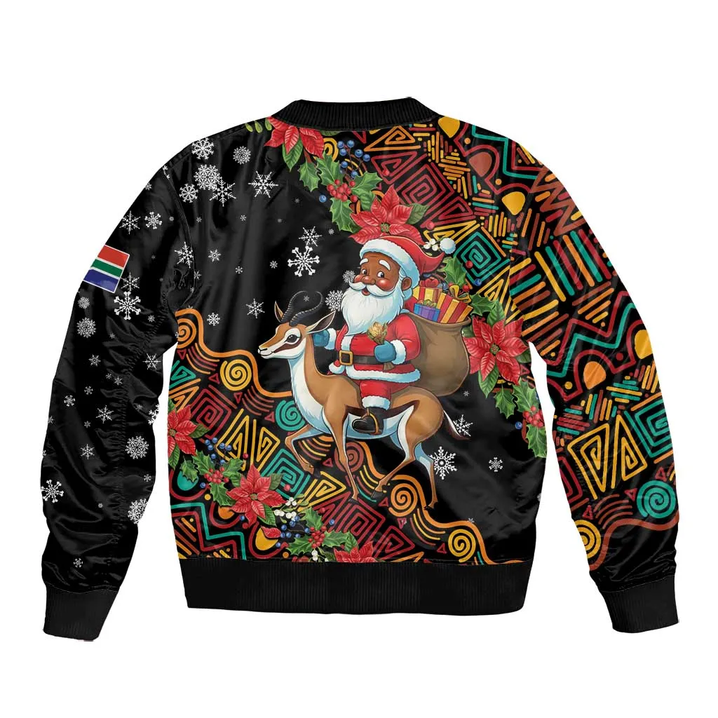 South Africa Gelukkige Kersfees Bomber Jacket Black Santa Claus Riding Springbok LT01