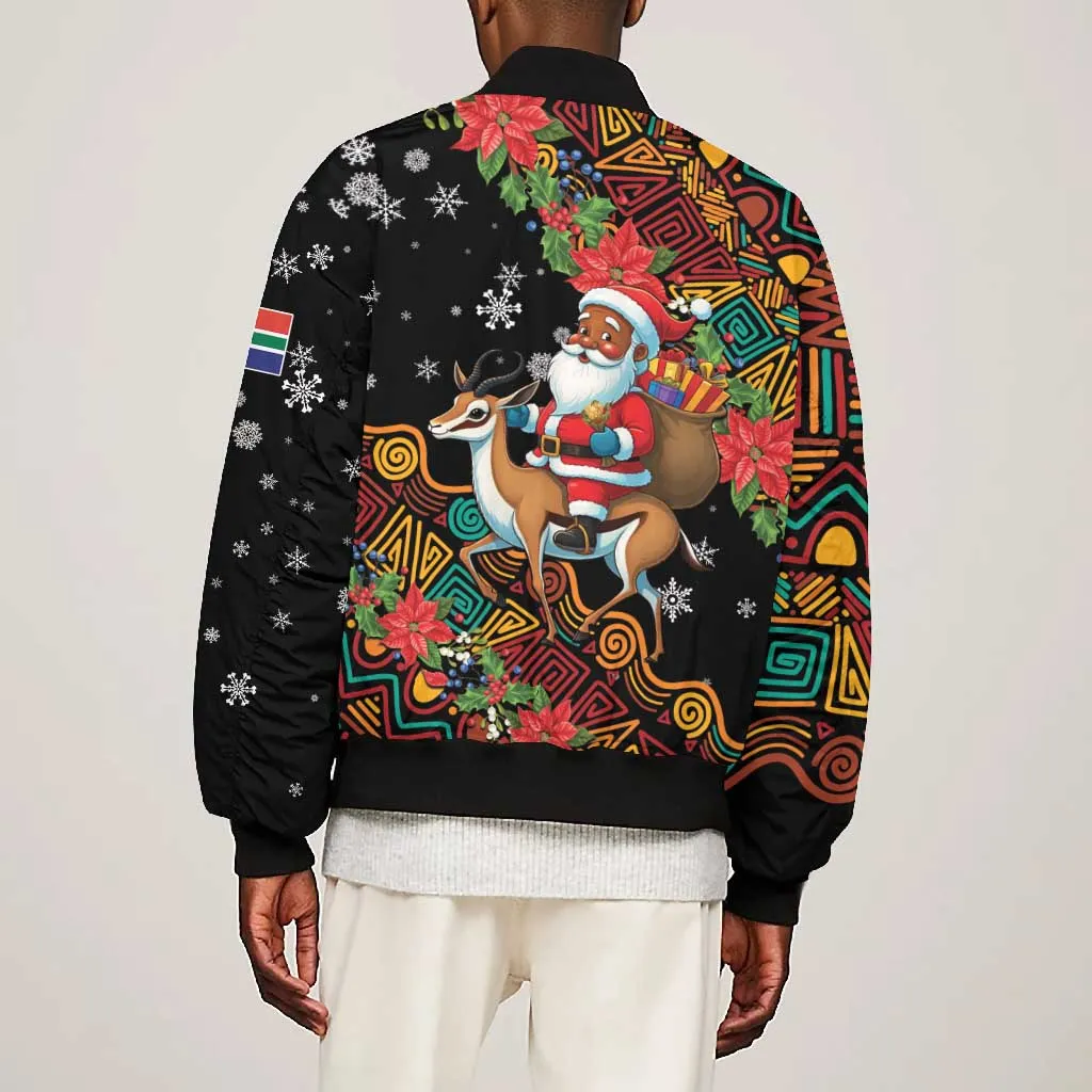 South Africa Gelukkige Kersfees Bomber Jacket Black Santa Claus Riding Springbok LT01
