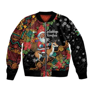 South Africa Gelukkige Kersfees Bomber Jacket Black Santa Claus Riding Springbok LT01