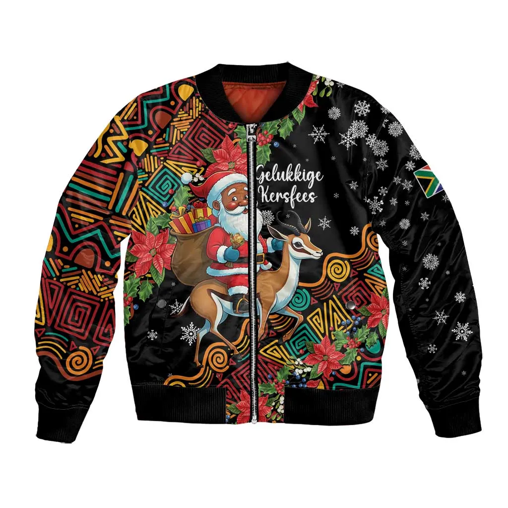 South Africa Gelukkige Kersfees Bomber Jacket Black Santa Claus Riding Springbok LT01