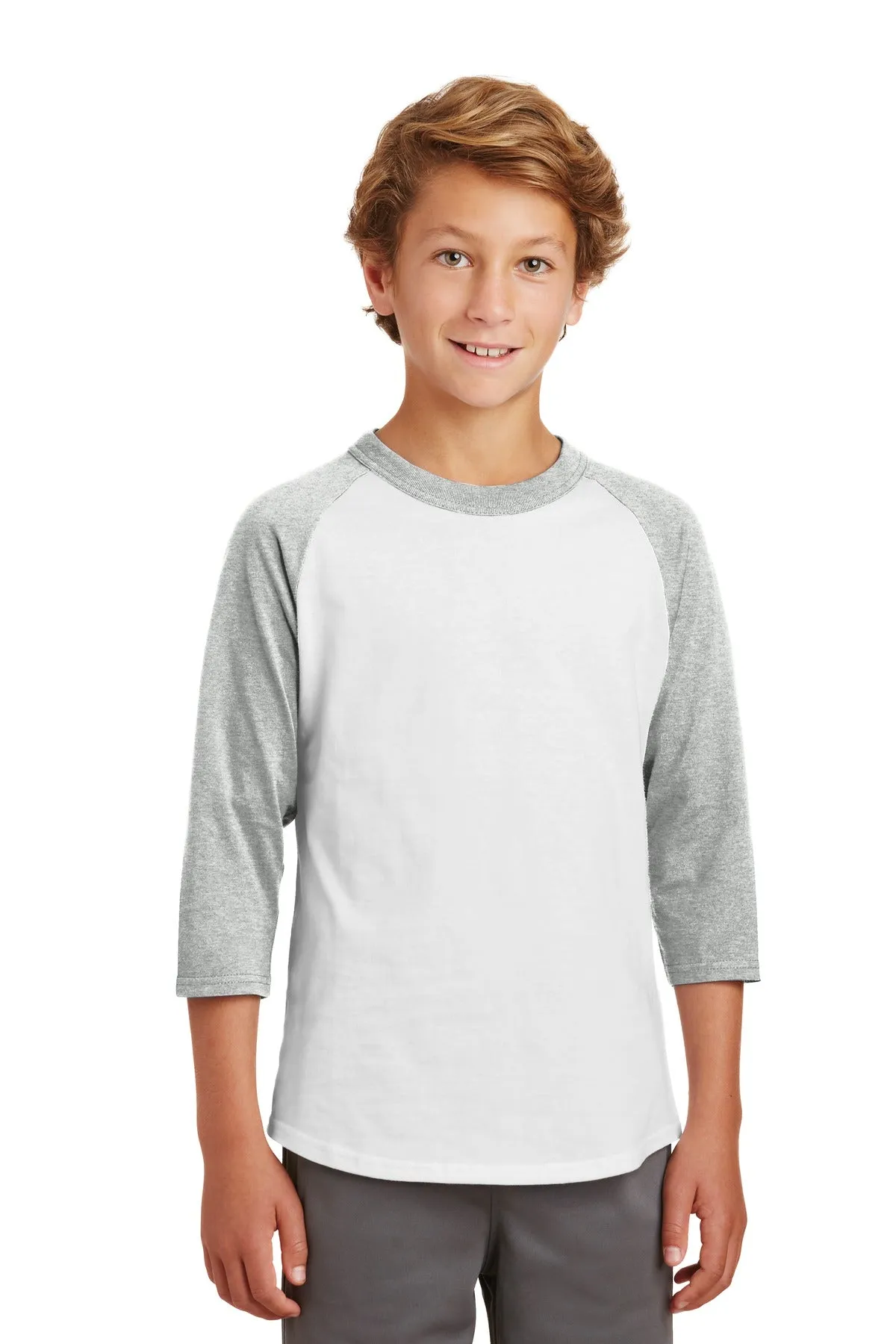 Sport-Tek Youth Colorblock Raglan Jersey.  YT200 White/ Heather Grey