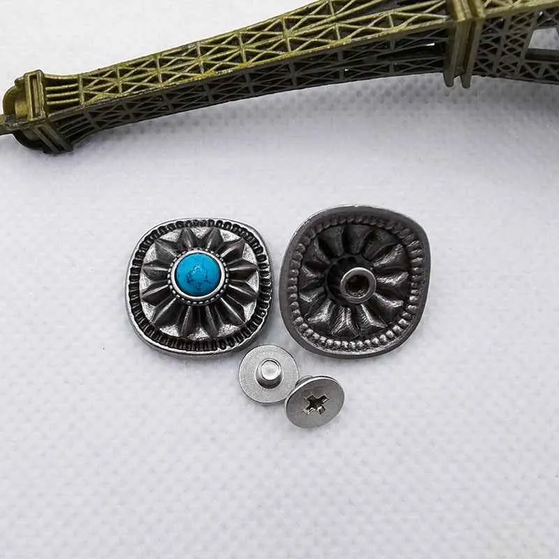 Square Chrysanthemum Turquoise Screw Studs Antique Floral 20 Pack
