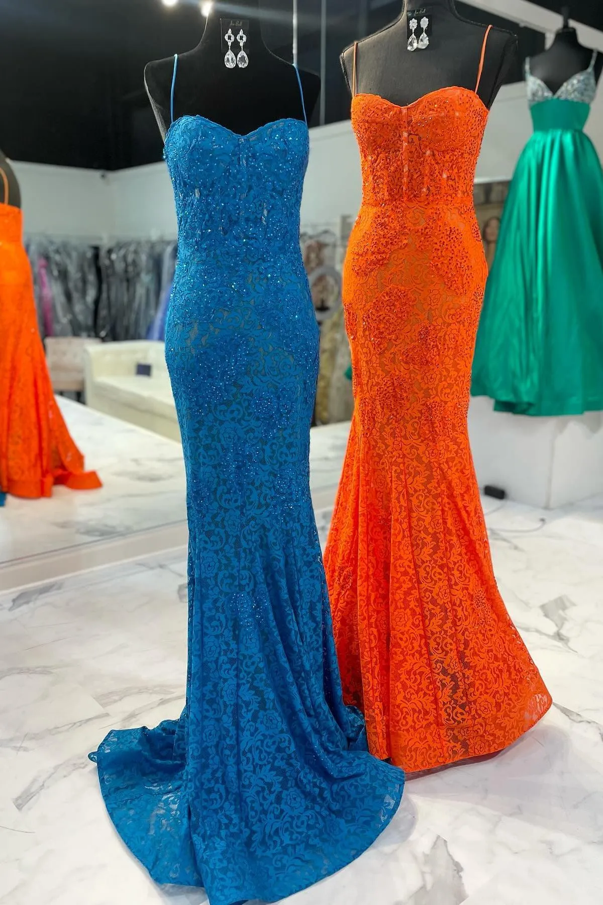 Straps Blue Lace Mermaid Prom Dress