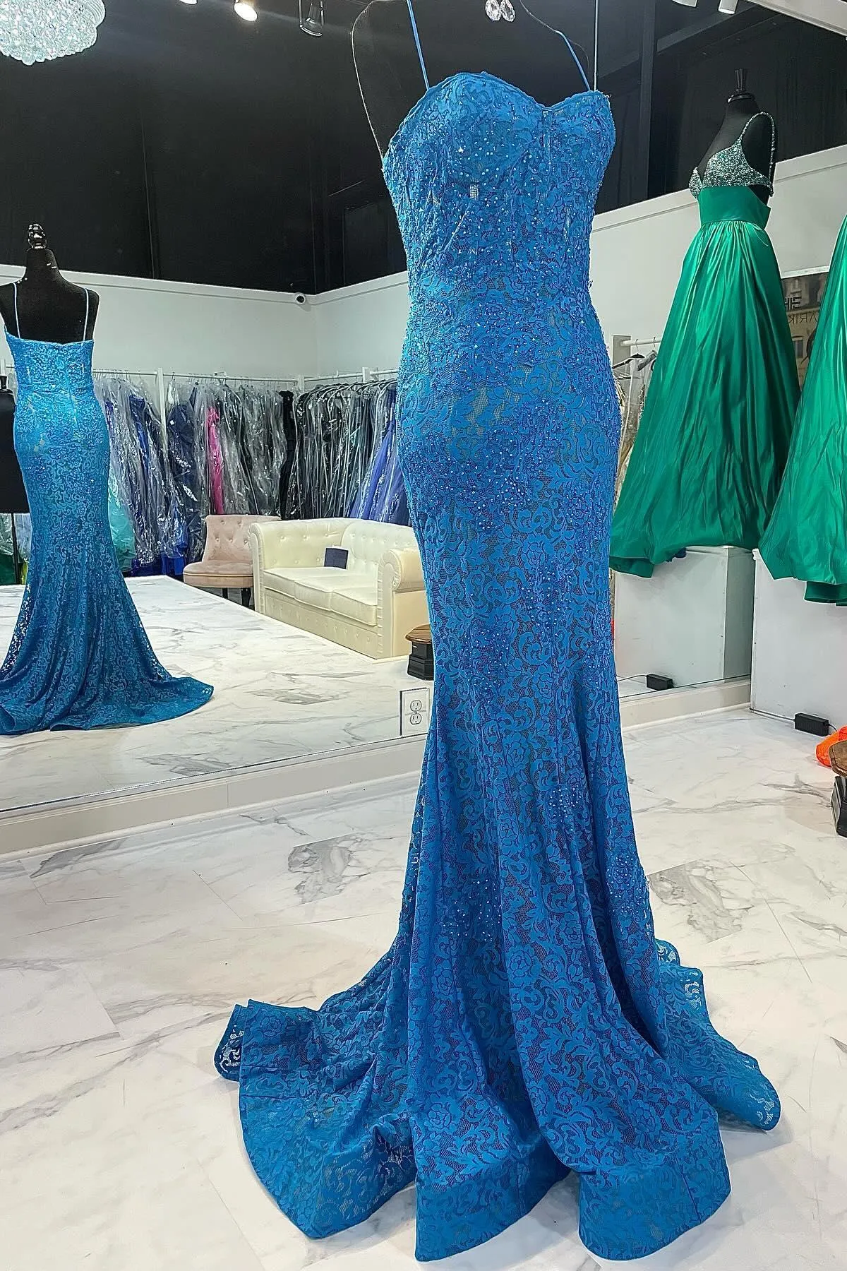Straps Blue Lace Mermaid Prom Dress